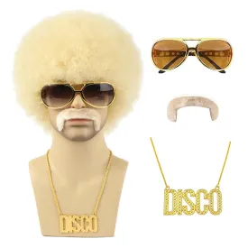 Blonde 70s Afro Wig for Men With Glasses Necklace Mustache and Wig Cap Natural Fluffy Afro Disco Wig Curly Synthetic Hair Wig for Halloween Chrismas Cosplay Party