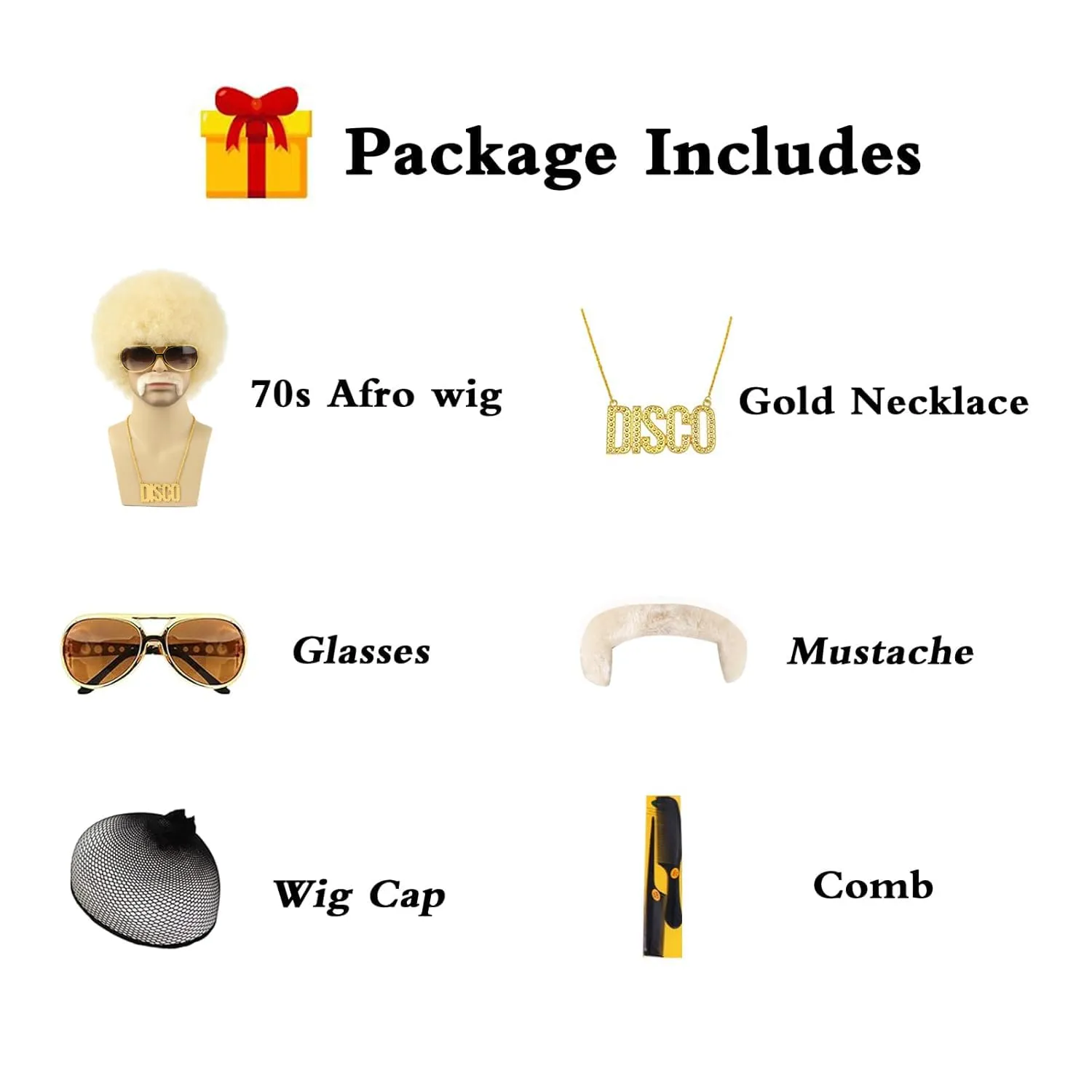 Blonde 70s Afro Wig for Men With Glasses Necklace Mustache and Wig Cap Natural Fluffy Afro Disco Wig Curly Synthetic Hair Wig for Halloween Chrismas Cosplay Party