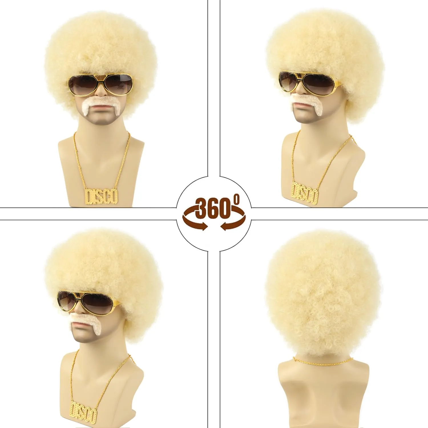 Blonde 70s Afro Wig for Men With Glasses Necklace Mustache and Wig Cap Natural Fluffy Afro Disco Wig Curly Synthetic Hair Wig for Halloween Chrismas Cosplay Party