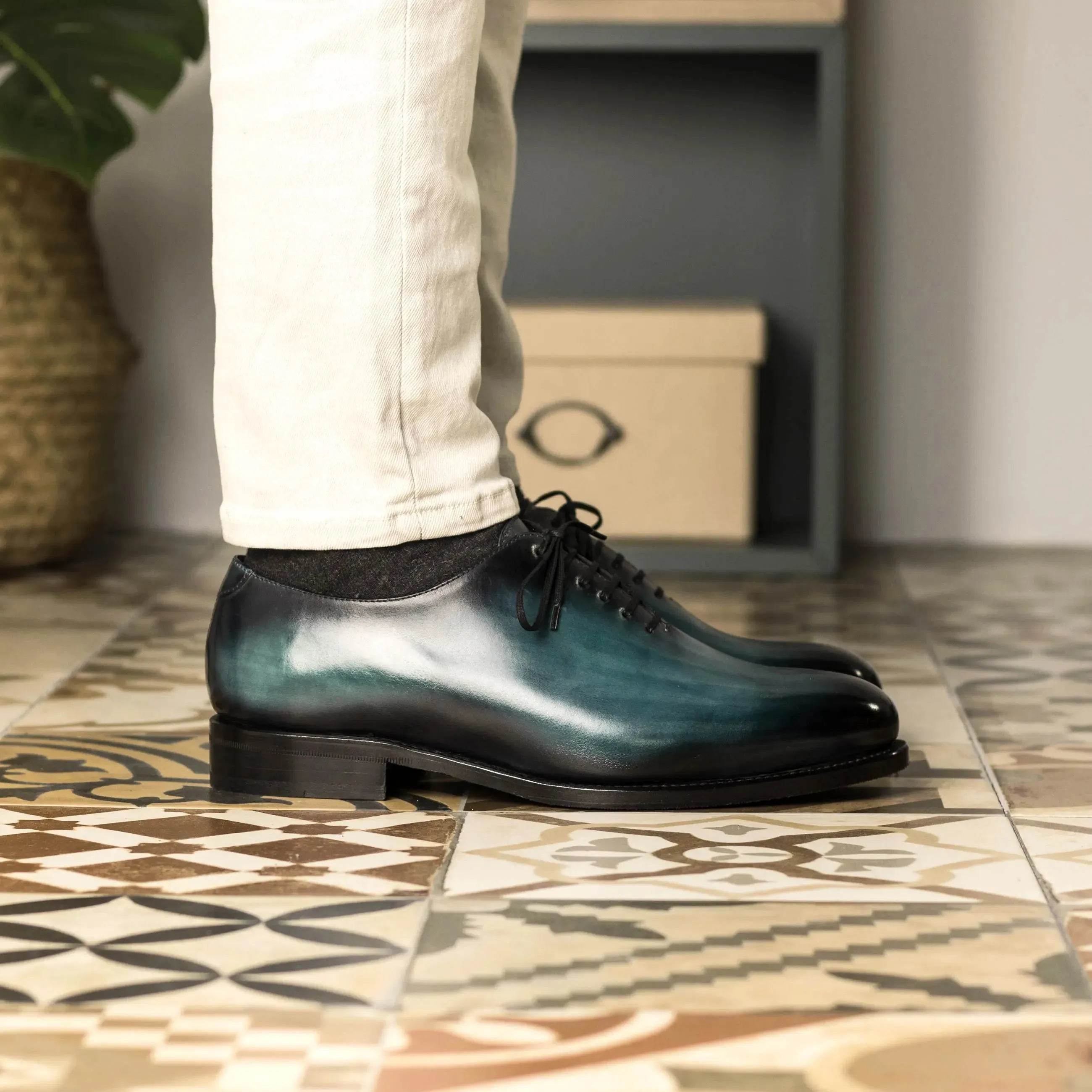 DapperFam Giuliano in Turquoise Men's Hand-Painted Patina Whole Cut