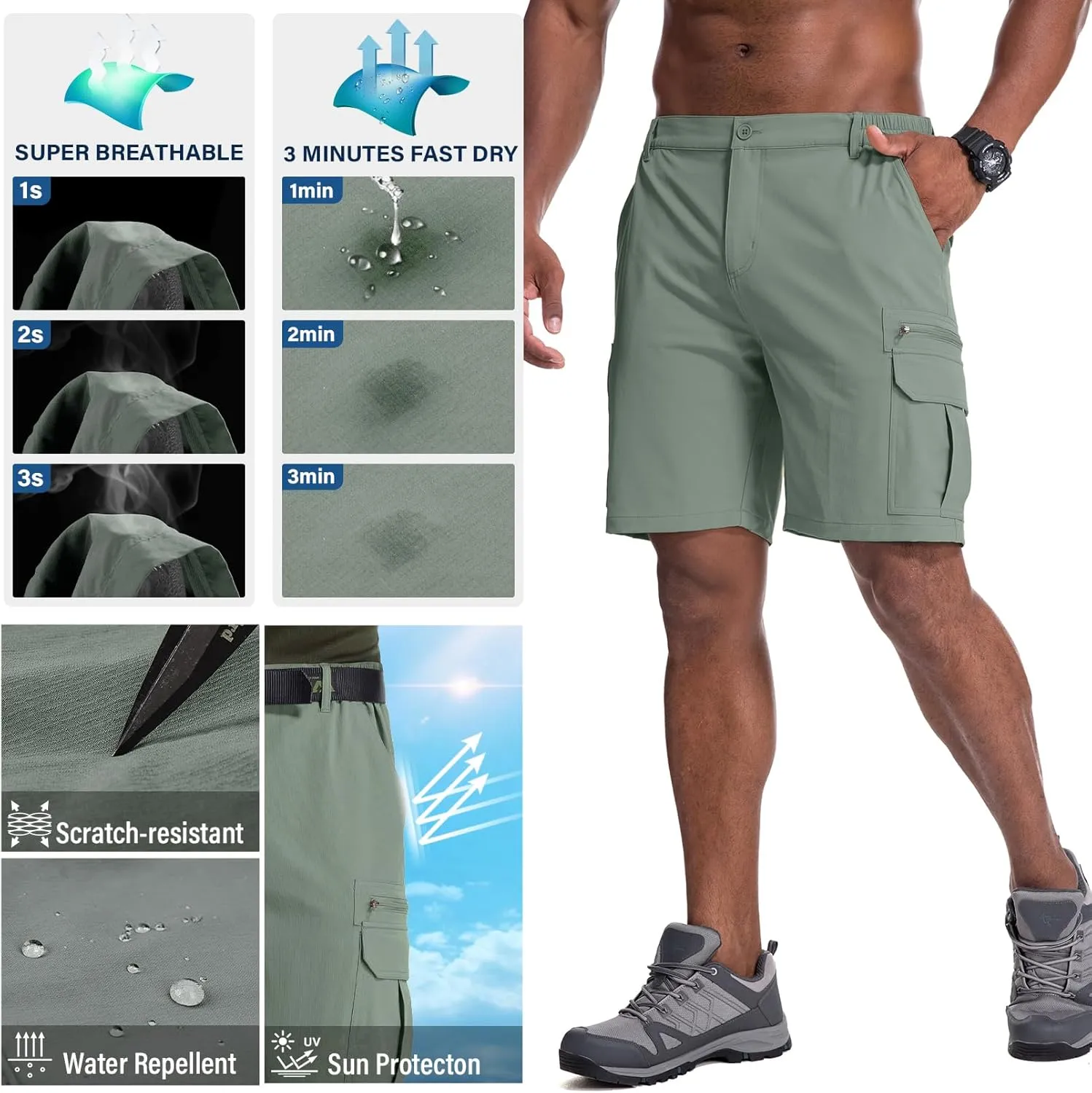 Jessie Kidden Mens Outdoor Casual Expandable Waist Lightweight Water Resistant Quick Dry Fishing Hiking Shorts