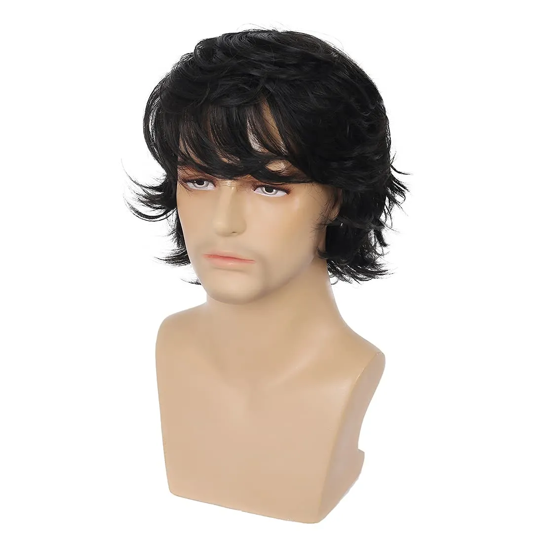 Mens Black Wig Short Layered Natural Fluffy Wig Synthetic Heat Resistant Halloween Cosplay Hair Wig