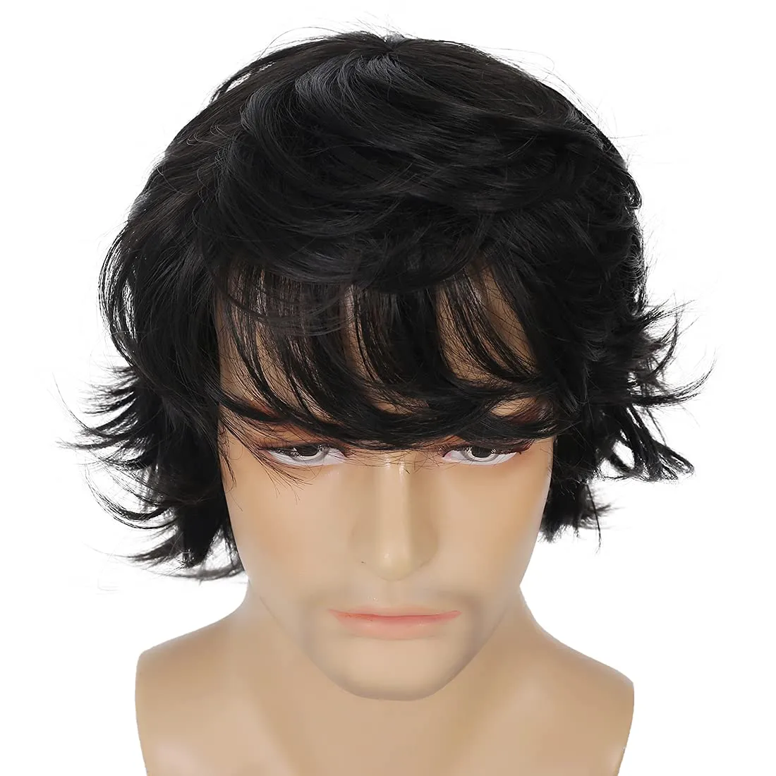 Mens Black Wig Short Layered Natural Fluffy Wig Synthetic Heat Resistant Halloween Cosplay Hair Wig