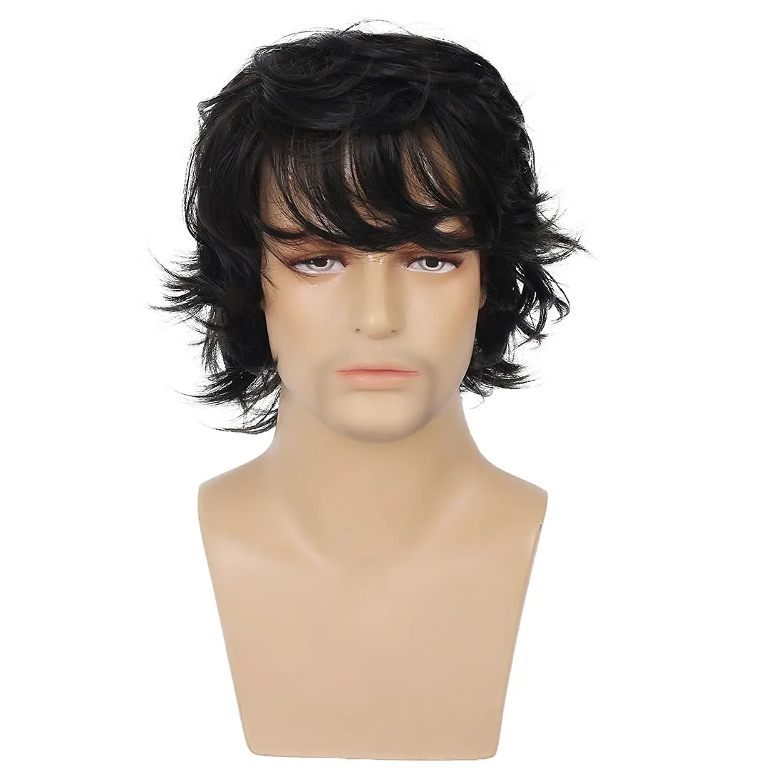 Mens Black Wig Short Layered Natural Fluffy Wig Synthetic Heat Resistant Halloween Cosplay Hair Wig