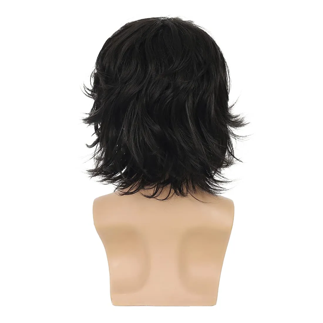 Mens Black Wig Short Layered Natural Fluffy Wig Synthetic Heat Resistant Halloween Cosplay Hair Wig