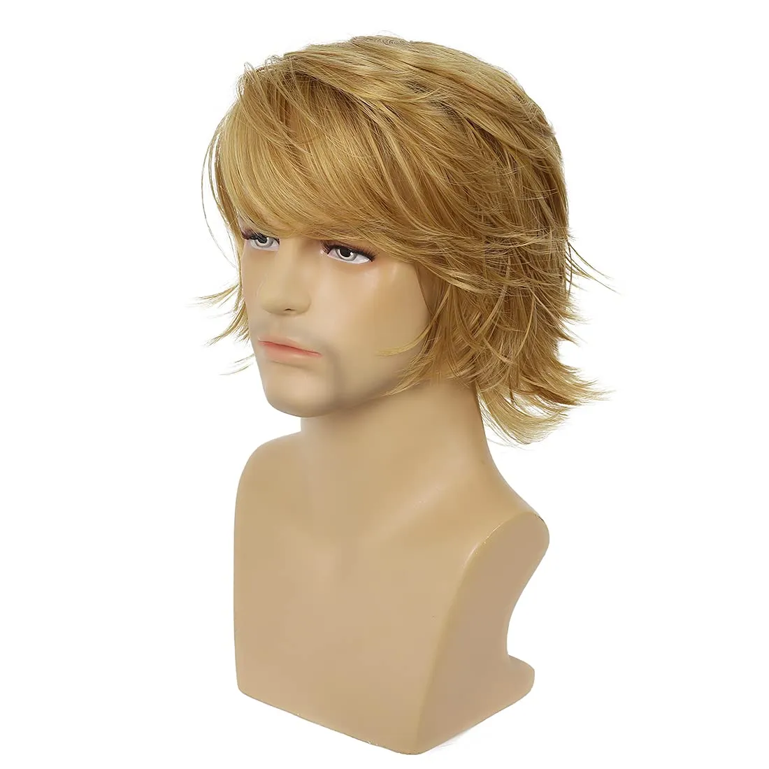 Mens Blonde Wig Short Layered Natural Fluffy Wig Synthetic Heat Resistant Halloween Cosplay Hair Wig